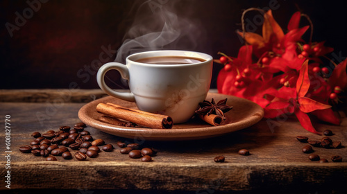 Steaming Coffee Cup with Fragrant Cinnamon and Coffee Beans. Created with Generative AI