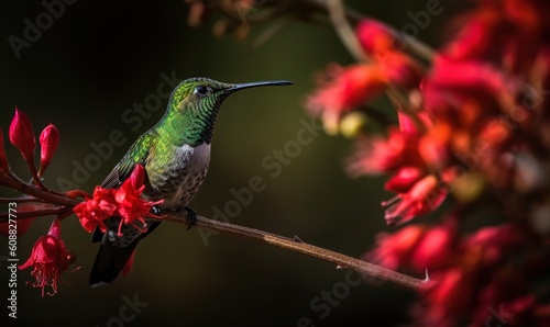  a hummingbird perches on a branch with red flowers. generative ai