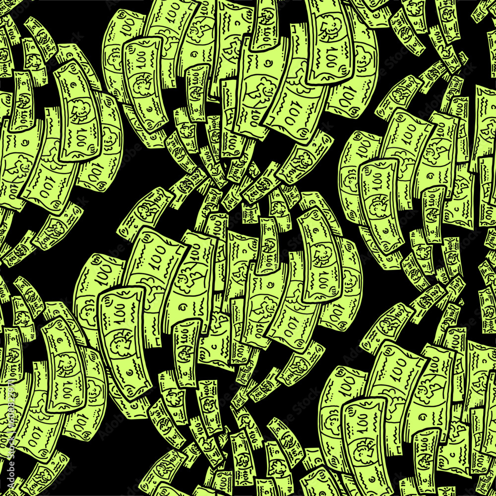 Obraz premium Money seamless vector pattern background for print design. Hundred dollars banknotes, a lot of cash for finance. economy, business success theme. Hand drawn line illustration, cartoon style drawing.