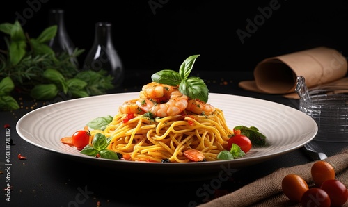  a plate of spaghetti with shrimp and basil on top of it. generative ai