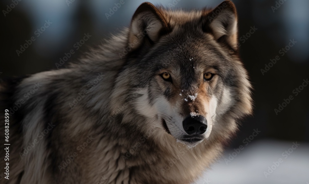 Fototapeta premium a lone wolf standing in the snow looking at the camera. generative ai