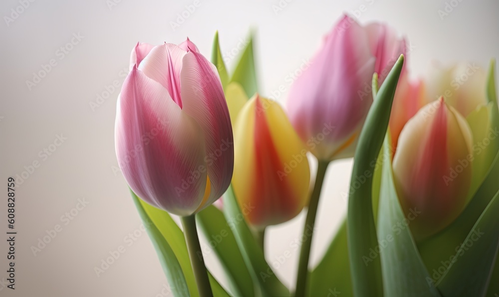 a group of pink and yellow tulips in a vase. generative ai a group of pink and yellow tulips in a vase. generative ai