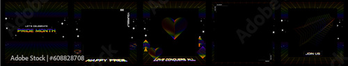 Set of 5 premium vector lgbt rainbow colored social media posts for pride month.Retro vaporwave style in Y2K aesthetic.Gay hearts,stars,grids and symbols.Game look celebration with Join Us CTA.