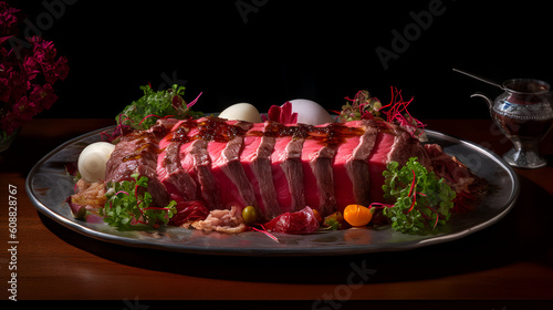 Get ready to savor the exquisite flavors of our meticulously cooked and expertly sliced Japanese beef, prepared in the traditional style of Tokina. photo