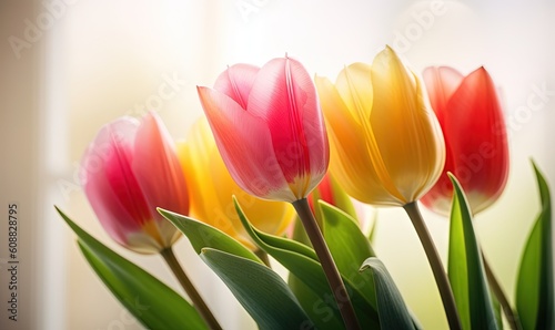  a bunch of colorful tulips in a vase on a table.  generative ai