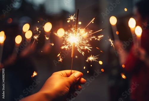 sparkler held in the hand by a family at a party Generative AI