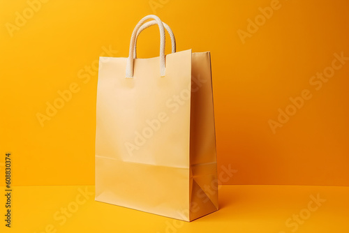 Paper shopping bag on yellow, orange background. Shopping sale delivery. ai,ai generative, generative ai, neural network