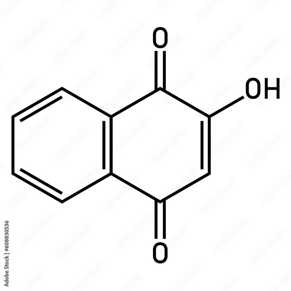 Chemical structure of Lawsone (C10H6O3). Chemical resources for teachers and students. Vector illustration. Chemical structure of Lawsone (C10H6O3). Chemical resources for teachers and students. Vector illustration.