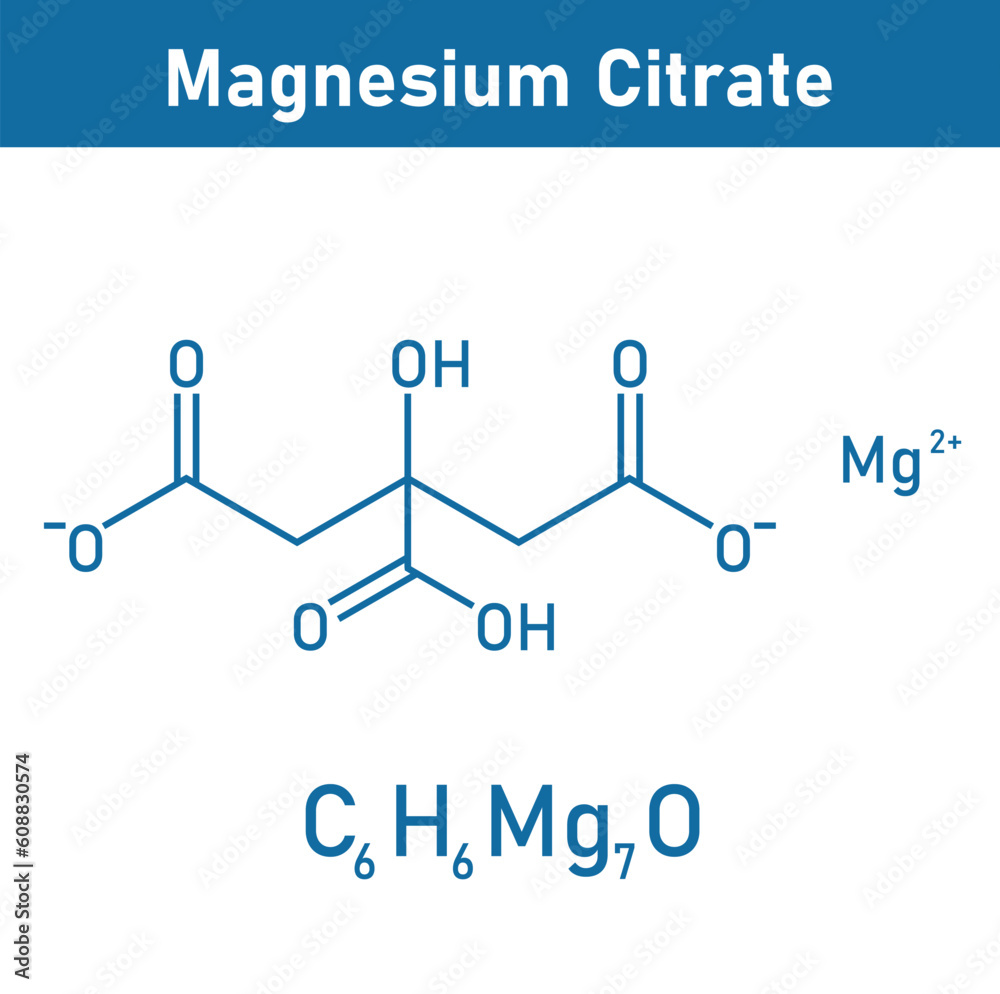 Chemical structure of magnesium citrate (C6H6MgO7). Chemical resources for teachers and students. Vector illustration Chemical structure of magnesium citrate (C6H6MgO7). Chemical resources for teachers and students. Vector illustration