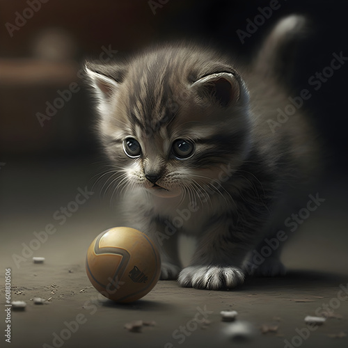 Generative AI illustration. Little kitty playing with a ball