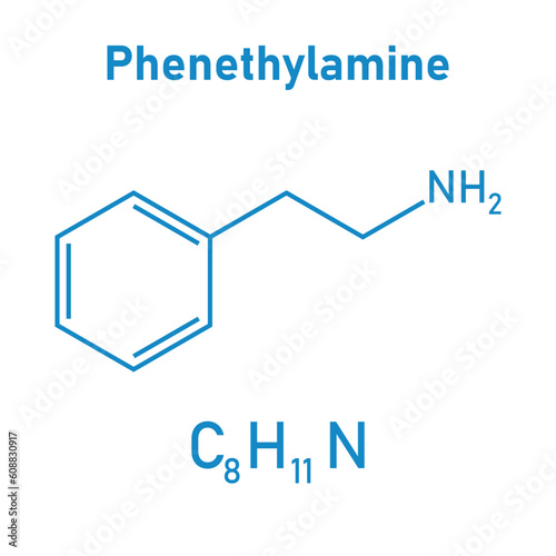Chemical structure of Phenethylamine (C8H11N). Chemical resources for teachers and students. Vector illustration isolated on white background.