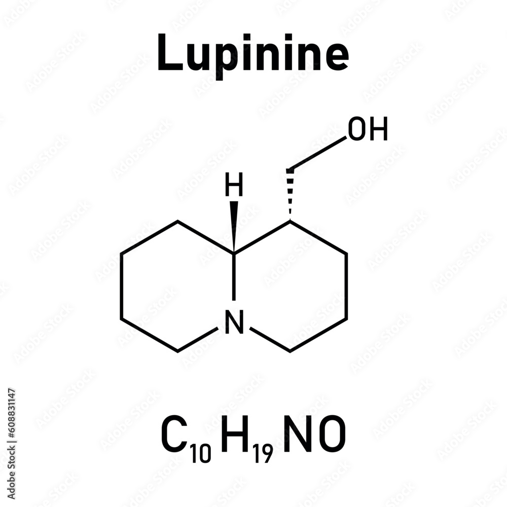Chemical structure of Lupinine (C10H19NO). Chemical resources for teachers and students. Vector illustration isolated on white background. Chemical structure of Lupinine (C10H19NO). Chemical resources for teachers and students. Vector illustration isolated on white background.