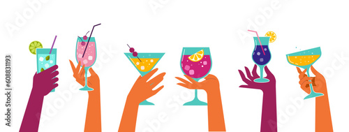 Modern flat summer party poster design template. Colorful background with hands holding cocktail glasses. Celebration poster concept and web banner.