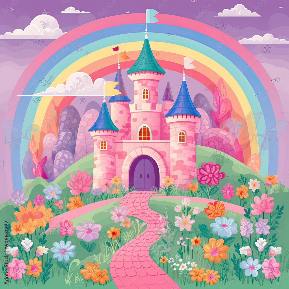 Magical kingdom with a castle - princess cartoon wallpaper Generative ai	