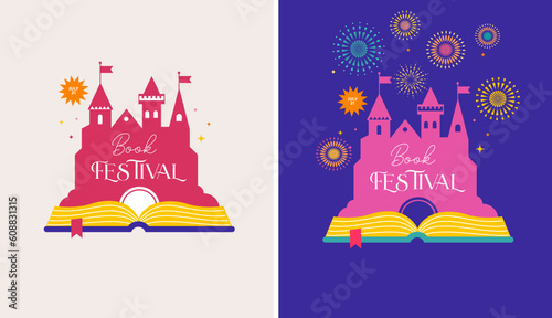 Book festival logo and background with open book and fairy tale castle