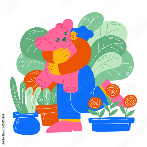 Girl, teddy bear. Child, love, flower design, woman with baby toy, happy animal gift. Vector illustration concept 