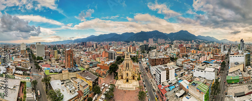 Great panoramic view of the center of Bogotá in Colombia, in front of the Lourdes church and Carrera Trece 13. General view of the city of Bogotá. photo