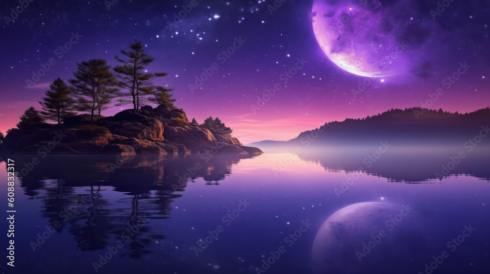 Obraz premium Beautiful Night Sky Epic Fantasy Landscape of Purple Galaxies Moonlit Reflection, Fantasy Wallpaper Tree lined Oceans, Night Landscape AI generative 