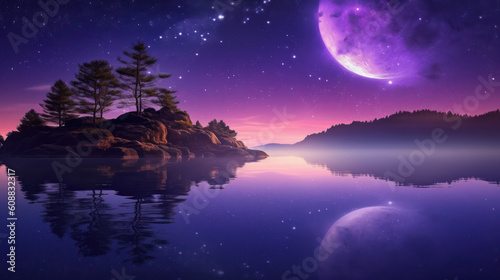 Beautiful Night Sky Epic Fantasy Landscape of Purple Galaxies Moonlit Reflection, Fantasy Wallpaper Tree lined Oceans, Night Landscape AI generative 