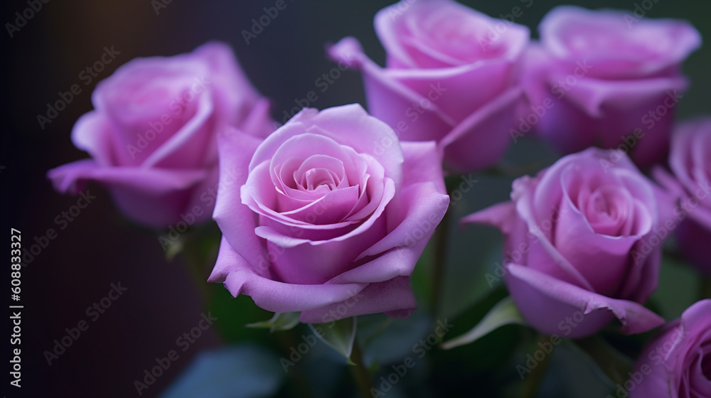 Fototapeta premium mehrere lila violet Rosen in Blütezeit. Generative Ai.