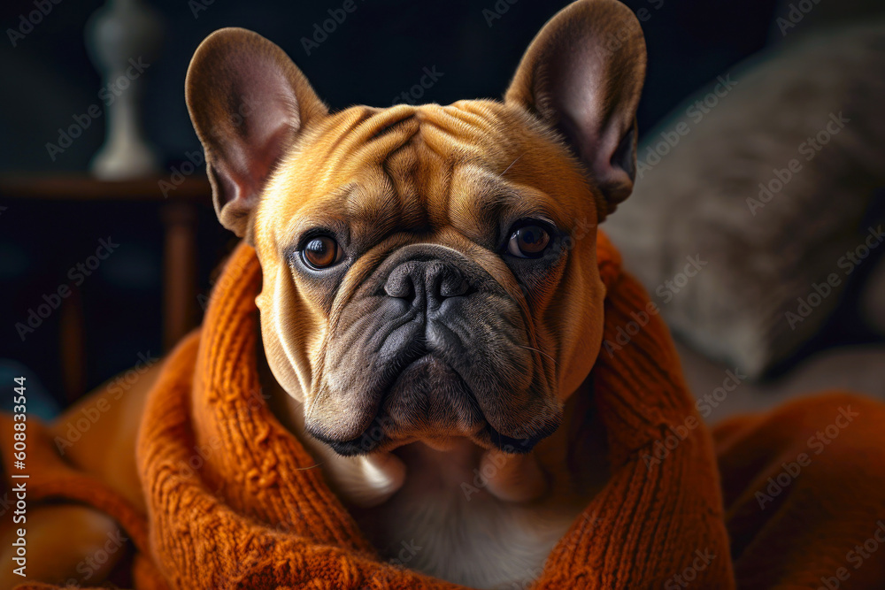 portrait of cute French bulldog wrapped in a blanket at home. Dog in apartments. Generative AI