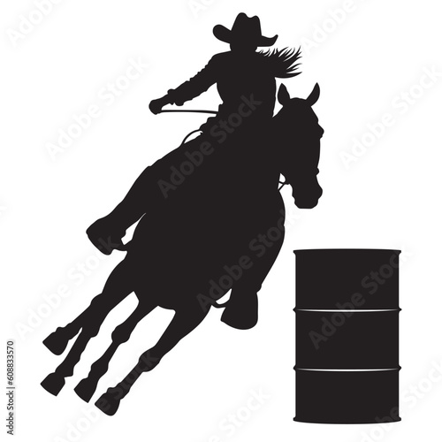 Barrel Racing Design with Female Horse and Rider Silhouette Image Black White photo