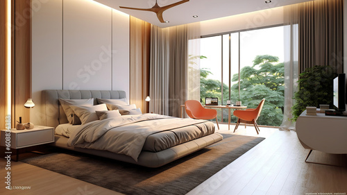 Stylish interior of modern bedroom. Generative Ai