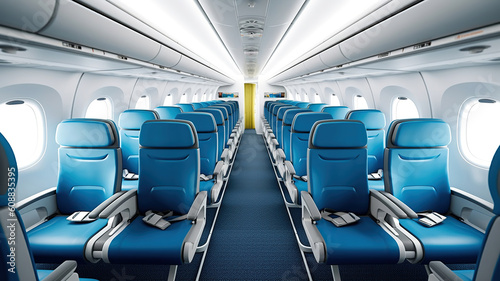 Aircraft interior with blue seats and white panel. Generative Ai