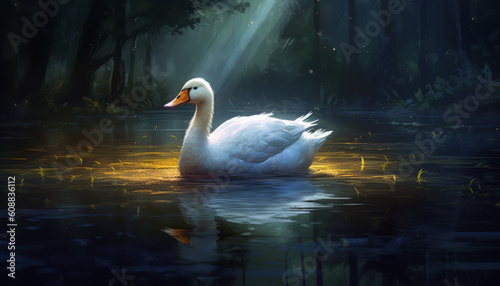 White swan swims in the night lake. Lonely white goose in a forest pond. Created with AI. photo