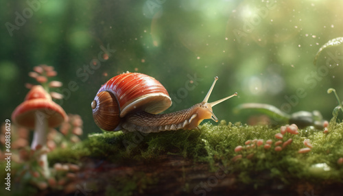 Close-up of a small snail in the forest. Created with AI.