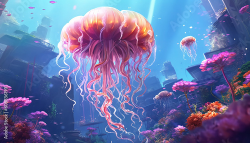 Beautiful sea jellyfish at the bottom. Underwater hunting for ocean jellyfish. Created in ai.