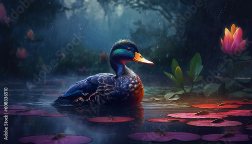 Wild duck on a beautiful lotus lake. Drake floating in a flowering pond. Created with AI.