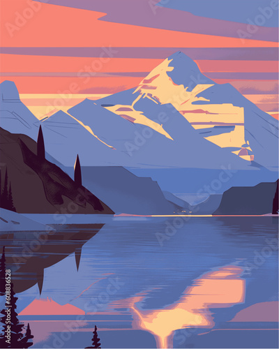 Vektor Comic Style - Kanadische Berglandschaft mit Spiegelung im See