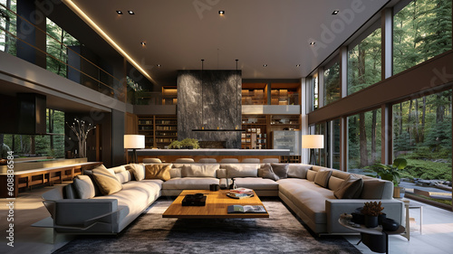 Large modern luxury living room interior in Bellevue home. Generative Ai