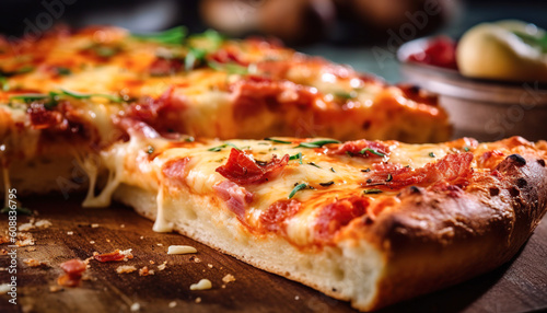 A hyper-detailed shot of a delicious pepperoni and cheese pizza, food photography, gourmet, food culture. Generative IA.
