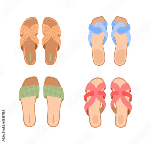 Four pairs of summer leather mule shoes with  braided strap and comfortable flat soles. Vector illustration of women's sandals on white background. View from above.