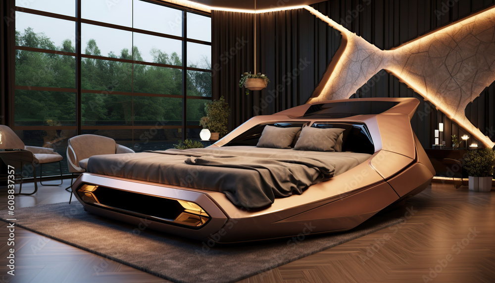 Futuristic car bed amazing design style, amazing design, product design. Generative IA.
