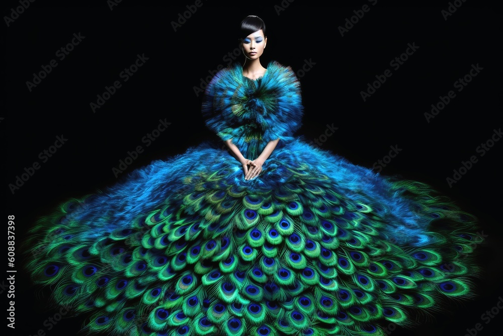 Woman wearing a surreal dress made of peacock feathers created with  generative AI technology. Stock Illustration | Adobe Stock