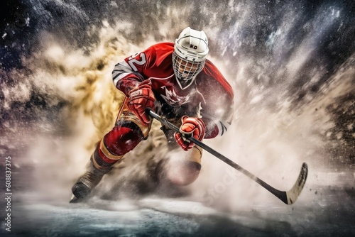 Mesmerizing ice hockey player in a cloud of exploding ice created with generative AI technology.