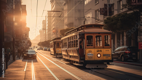 Classic view of historic traditional Cable Cars riding. Generative Ai