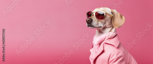 Cool looking dog wearing pink funky fashion dress - jacket, scarf, glasses. Wide banner with space for text left side. Stylish animal posing as supermodel. Generative AI
