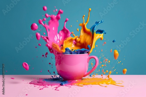 A cup splashes and spills the liquid making a mess of dirt. Ai generated. photo
