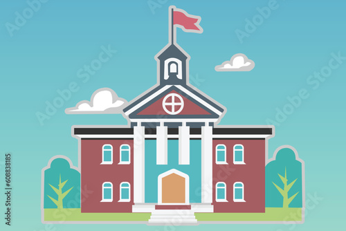School with a green lawn. Icon. Flat vector illustration isolated on Any color of the background, School building in flat style. Modern school, college building. Vector illustration