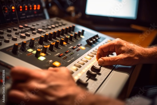 Dive into the world of sound as a skilled technician expertly manipulates a control panel on a cutting-edge mixing console. Ai generated.