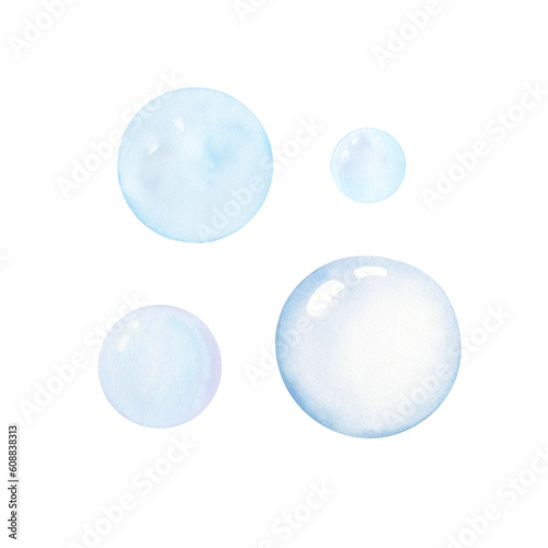Realistic soap bubbles, underwater sea effect, watercolor hand drawing.