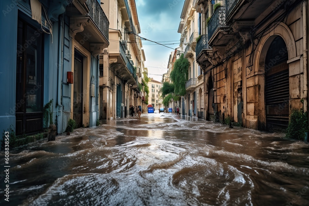 high water level on a city European street from a flood, after a downpour or an avalanche. The concept of natural disaster insurance and life and property insurance.Generative AI