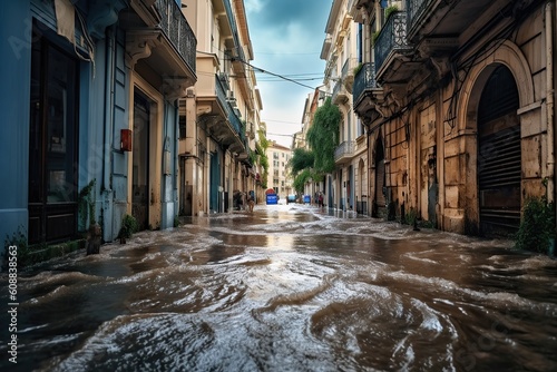 high water level on a city European street from a flood  after a downpour or an avalanche. The concept of natural disaster insurance and life and property insurance.Generative AI