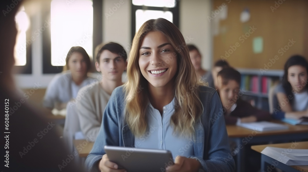 Portrait Of Female Teacher Holding Digital Tablet Teaching Line Of High School Students Sitting By Screens In Computer Class. Generative AI Portrait Of Female Teacher Holding Digital Tablet Teaching Line Of High School Students Sitting By Screens In Computer Class. Generative AI