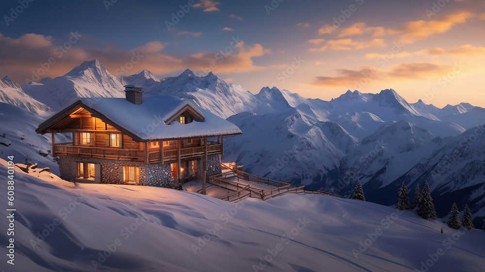 Panoramic view of beautiful winter wonderland mountain scenery. Generative Ai