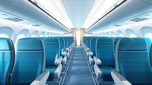 Aircraft interior with blue seats and white panel. Generative Ai
